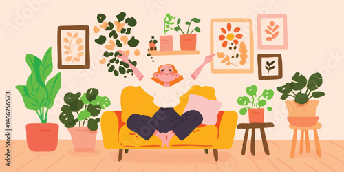 A woman is sitting on a yellow sofa surrounded by green plants, art in a cozy room with peace of mind.