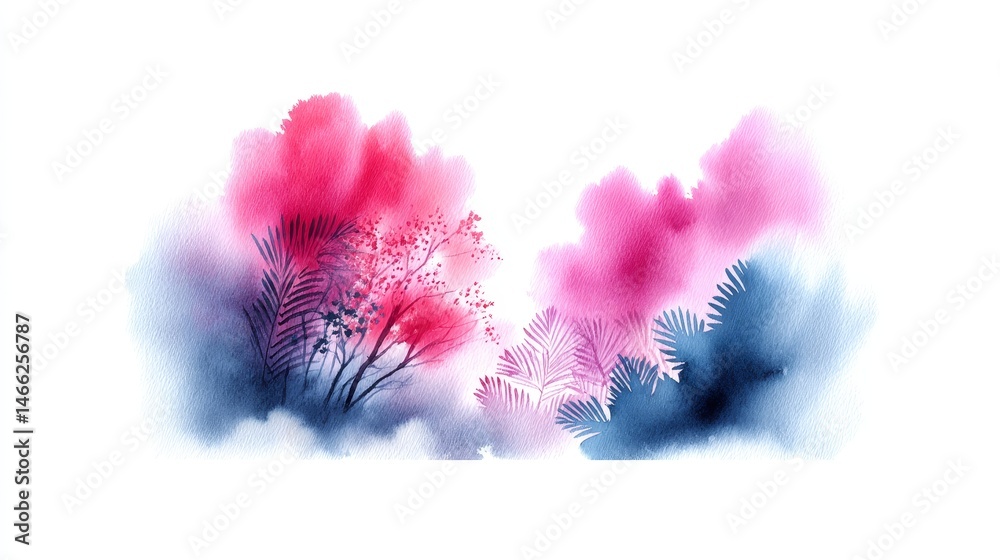 Fototapeta premium Watercolor Landscape : Pink and Blue Serenity - Abstract watercolor painting depicting a serene landscape. Symbolizing tranquility, nature, peace, harmony, and dreamscape