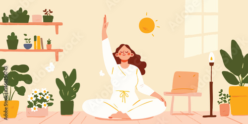 Woman practicing yoga in a sunlit room surrounded by potted plants.  