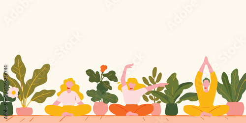 Three women practice yoga in a serene setting, surrounded by lush houseplants, radiating peace and tranquility.  
