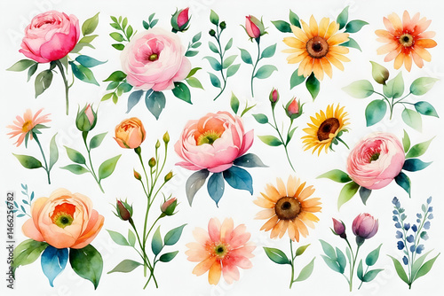 Wallpaper Mural Watercolor floral illustration of roses sunflowers and other flowers on white Torontodigital.ca