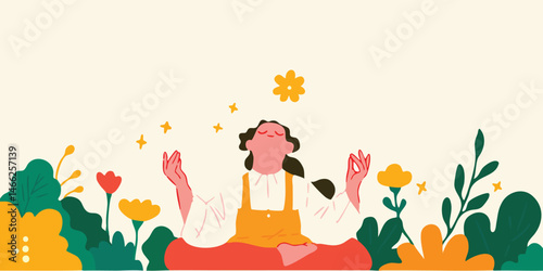 Woman meditating in nature, surrounded by flowers and plants.