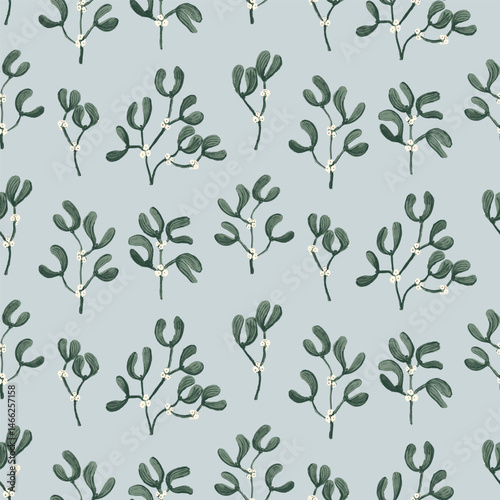 Hand painted mistletoe leaves & branches as a minimalist pattern in colors of green and off white on blue background. Christmas seamless vector pattern. Great for home decor, fabric, wallpaper, gifts.
