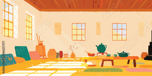 An artist's cozy studio evokes a sense of creativity and comfort, featuring a traditional tea ceremony and harmonious tones, exuding warmth.