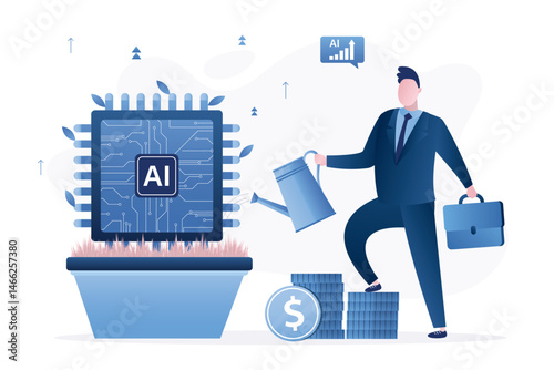 Businessman use watering can and waters chip with AI in pot. Venture fund investing in new  innovation startups and neural networks development.