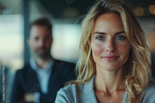 Confident businesswoman with blonde hair smiles at the camera, a blurred male colleague in the background.