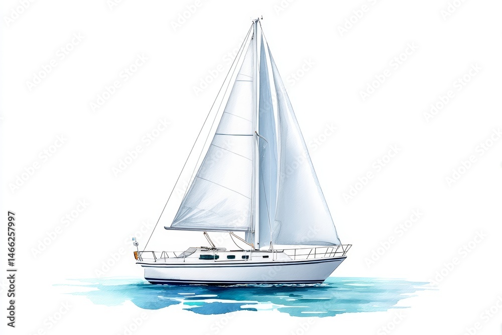Fototapeta premium Watercolor Sailboat : A Gentle Breeze - A serene watercolor painting of a sailboat on calm waters, symbolizing freedom, adventure, exploration, tranquility, and escape