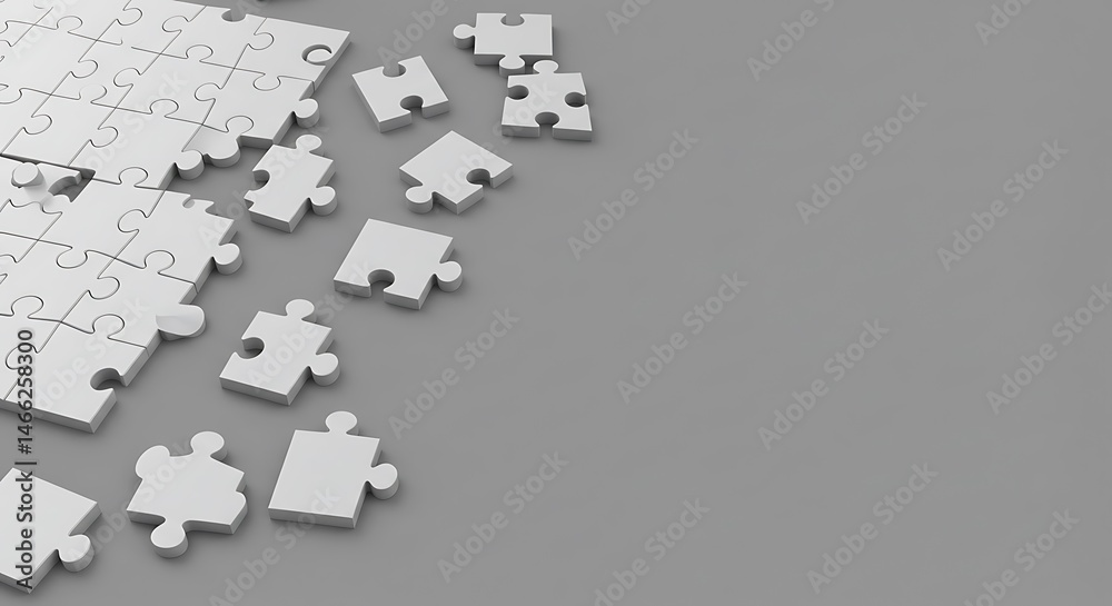 Obraz premium White Jigsaw Puzzle Pieces Scattered on Gray Background