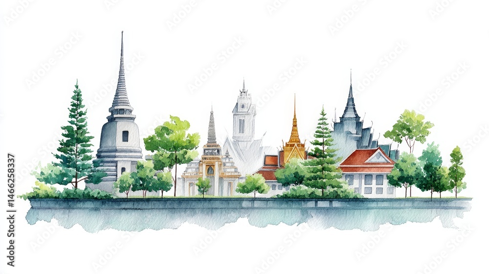 Naklejka premium Watercolor Skyline of Temples and Trees - Serene watercolor painting of a picturesque temple skyline, showcasing architectural details and lush green trees. Ideal for travel, culture