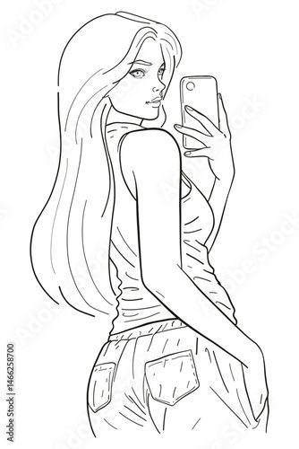 Young woman taking a selfie with her phone, looking over her shoulder in a casual tank top and jeans. Black and white vector illustration for social media and modern lifestyle.