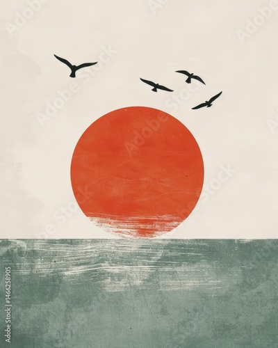 Abstract orange circle on divided green and beige background with blackbirds perched at the top and subtle burnt elements in creative illustration style compositional elements