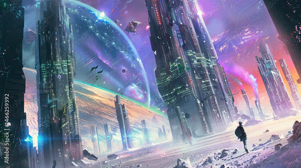 Obraz premium Futuristic city on a distant planet Lone figure