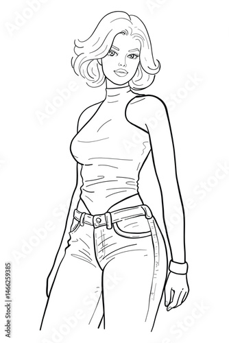 Confident young woman with short blonde hair in a white sleeveless turtleneck and light wash jeans with a belt and wristband, posing. Modern and stylish medium shot vector illustration.