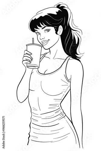 Young woman in a tank top drinking from a cup with a straw, smiling happily. Black and white vector illustration for lifestyle and refreshment themes.