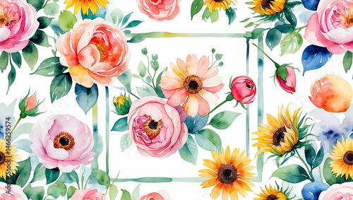 Wallpaper Mural Watercolor floral pattern with roses and sunflowers in soft pastel colors Torontodigital.ca