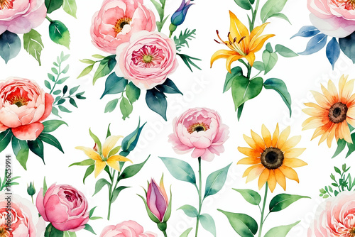 Wallpaper Mural Watercolor floral pattern with roses lilies and sunflowers on white background Torontodigital.ca