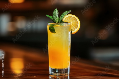 vibrant color visual of front view refreshing lemonade with a slice of lemon and mint