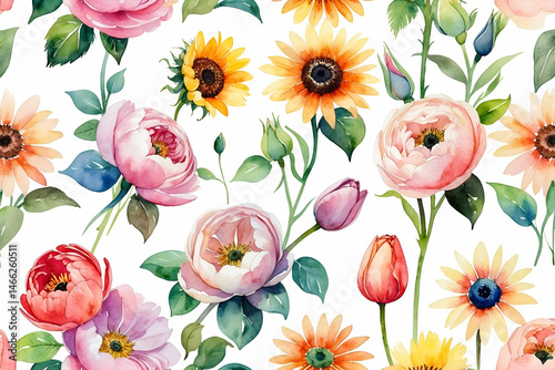 Wallpaper Mural Watercolor floral pattern with roses sunflowers and tulips on white background Torontodigital.ca