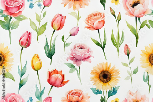 Watercolor floral pattern with roses sunflowers and tulips on white background