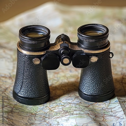 Black binoculars, an optical instrument with glass lenses, offer a magnified view for observation, search, and discovery