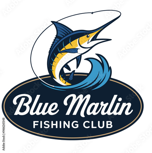 Blue Marlin Fishing Club Logo Design with Jumping Fish and Wave
