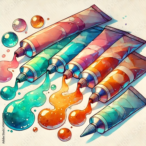 Colorful tubes of paint, glue flowing on textured background