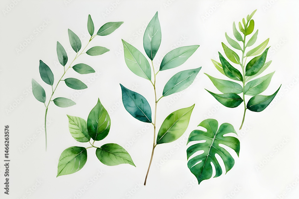 Watercolor green leaves and branches illustration set of botanical elements Watercolor green leaves and branches illustration set of botanical elements