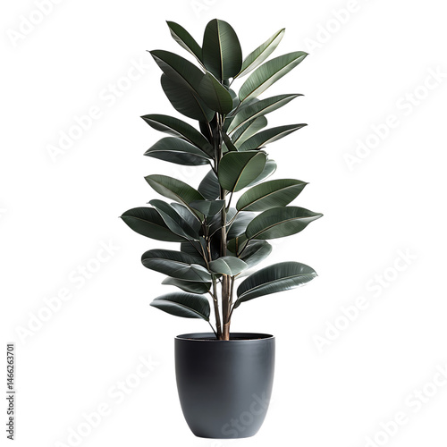 A Tall Lush Potted Rubber Plant with Dark Green Gloss Isolated on Transparent Background