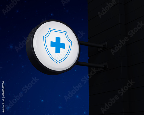 Cross shape with shield icon on hanging black rounded signboard over fantasy night sky, Business healthy and medical care insurance concept, 3D rendering