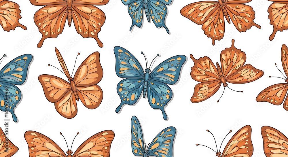 Fototapeta premium Orange and Blue Butterfly Seamless Pattern