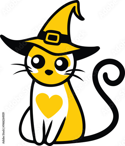 Cute cartoon vector illustration of a happy black feline pet cat with a heart, isolated as a funny animal character drawing