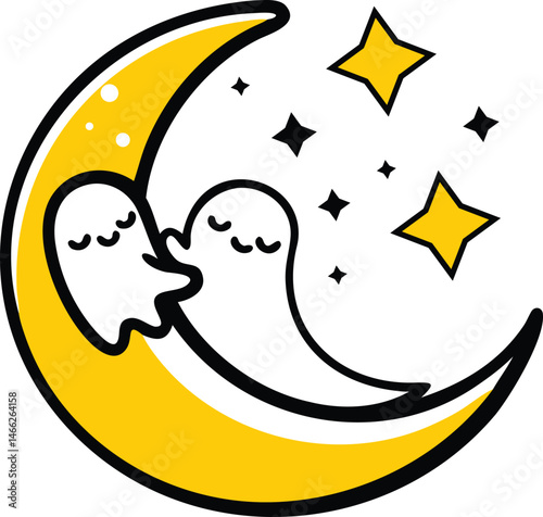 A cute yellow cartoon moon character with a happy smile and hugging a tiny ghost stars a fun vector illustration of the night sky