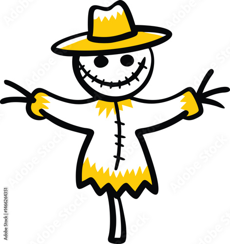 Funny cartoon scarecrow happy Halloween witch character in hat and happy Halloween celebrate a fun 3d holiday