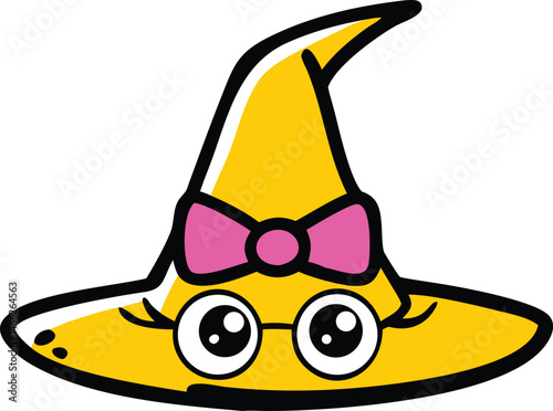A funny yellow cartoon witchy poo a cute witch hat with a happy smile holds a fish icon, a cute animal illustration perfect for fun designs