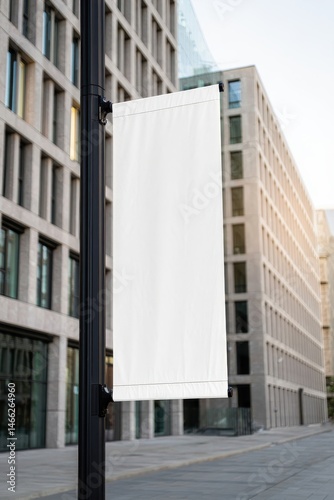 Blank white banner on city streetlight