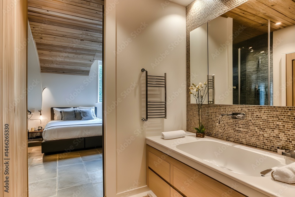 Fototapeta premium Modern Bathroom Interior with Bedroom View in Elegant and Contemporary Design