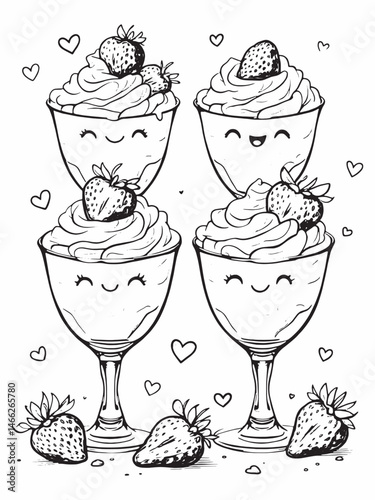 Strawberry mousse with whipped cream clean minimalist line art.eps