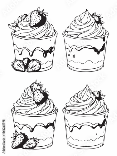Strawberry mousse with whipped cream delicate line art illustration.eps