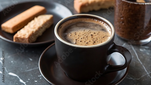Coffee and biscotti pairing on marble counter with warm lighting.