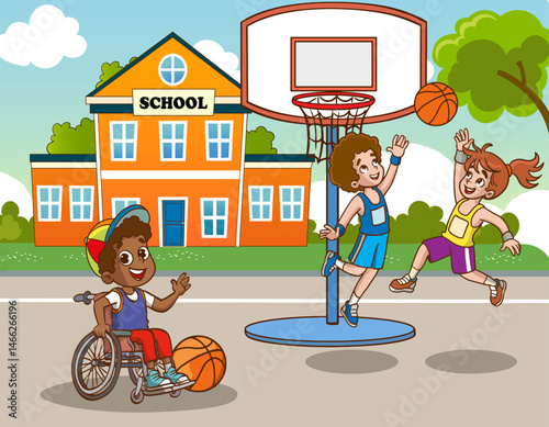 Disabled child in wheelchair playing basketball, spending time with his best friends. Disabled person, cheerful children physical education class activity