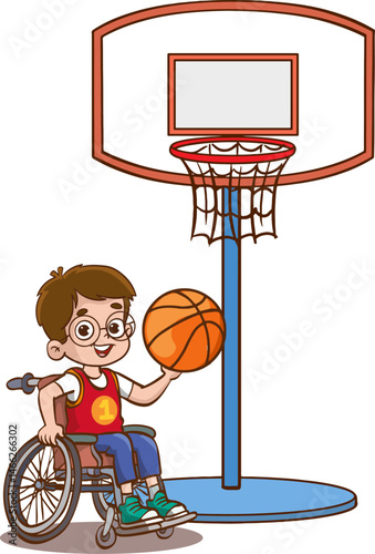 Disabled child in wheelchair playing basketball, spending time with his best friends. Disabled person, cheerful children physical education class activity