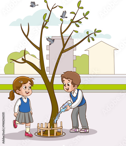 Happy little children planting the tree in the school yard, watering the tree together