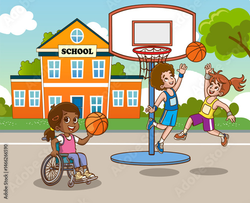Disabled child in wheelchair playing basketball, spending time with his best friends. Disabled person, cheerful children physical education class activity