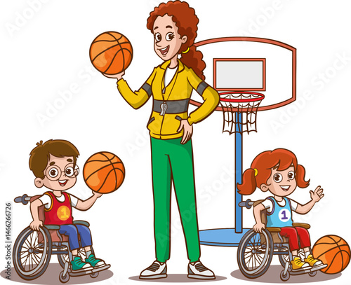Disabled child who loves to play basketball in a wheelchair. Disabled person, cheerful children physical education class activity