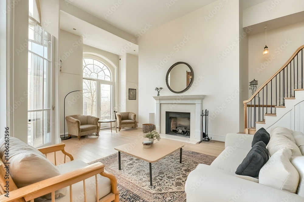 Fototapeta premium Living Room with Furniture and White Walls in Cozy and Elegant Interior Design