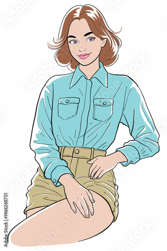 Stylish woman in a light blue button-down shirt and khaki shorts, sitting in a casual yet confident pose. This chic digital drawing showcases an attractive young female.