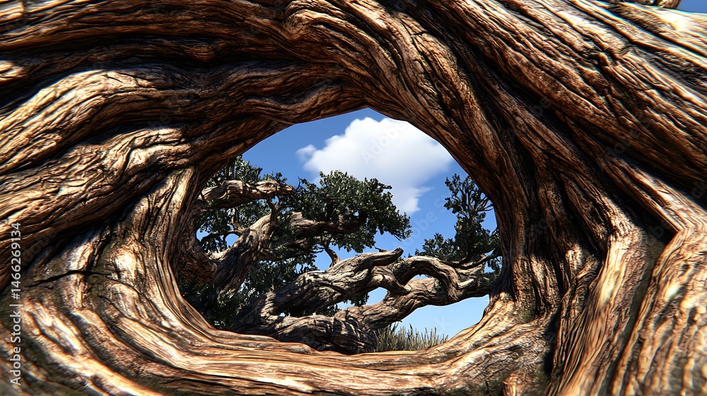 Obraz premium Majestic Old Tree Trunk Frame Reveals a Sunny Sky and Ancient Trees