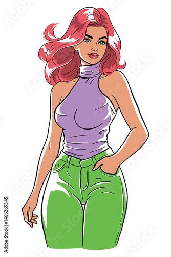 Stylish woman in a purple turtleneck top and green pants, standing confidently. This chic digital drawing shows an attractive young female with pink hair.