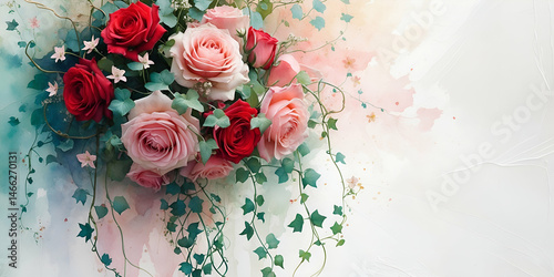 Watercolor roses floral arrangement with ivy vine and soft background