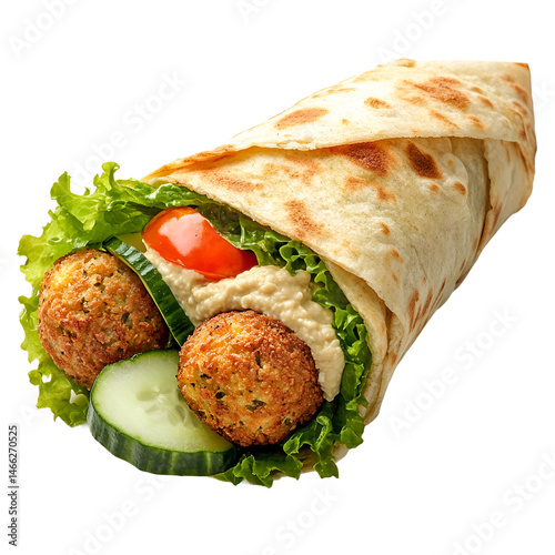 Falafel wrap with lettuce, cucumber, tomato, and hummus isolated on transparent background